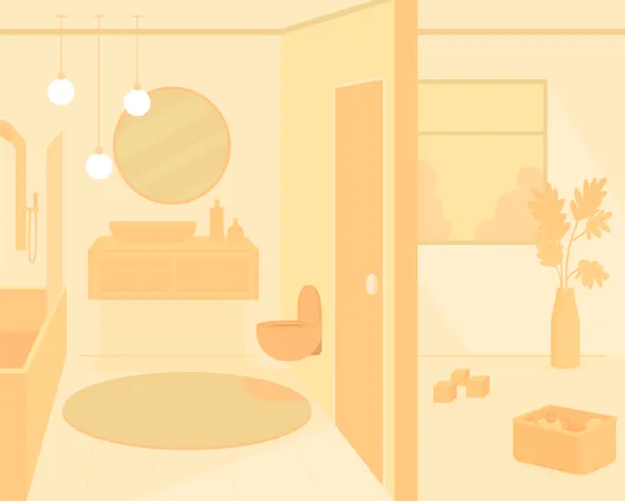Orange Monochrome Bathroom Flat Color Vector Illustration Modern Furniture In Home Restroom Apartnment Comfrotable Space Household 2 D Cartoon Interior With Modern Furniture On Background Illustration