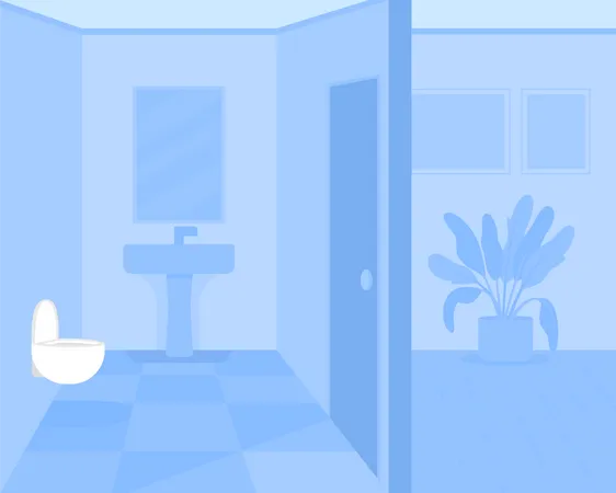Blue Monochrome Bathroom Flat Color Vector Illustration Modern Furniture In Home Restroom Apartnment Comfrotable Space Household 2 D Cartoon Interior With Modern Furniture On Background イラスト
