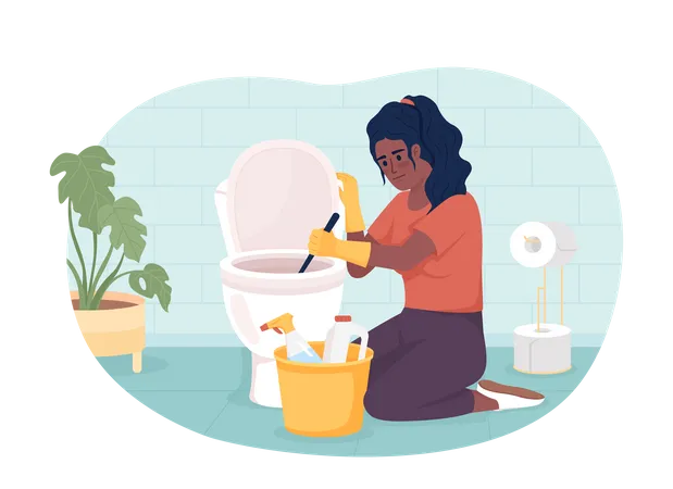 Bathroom Cleaning Chore 2 D Vector Isolated Illustration Woman Scraping Toilet With Brush And Detergents Flat Character On Cartoon Background Colorful Editable Scene For Mobile Website Presentation Illustration
