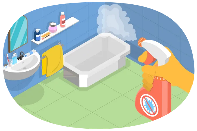 3 D Isometric Flat Vector Conceptual Illustration Of Bathroom Disinfectant Cleaning With Spray Detergent Illustration