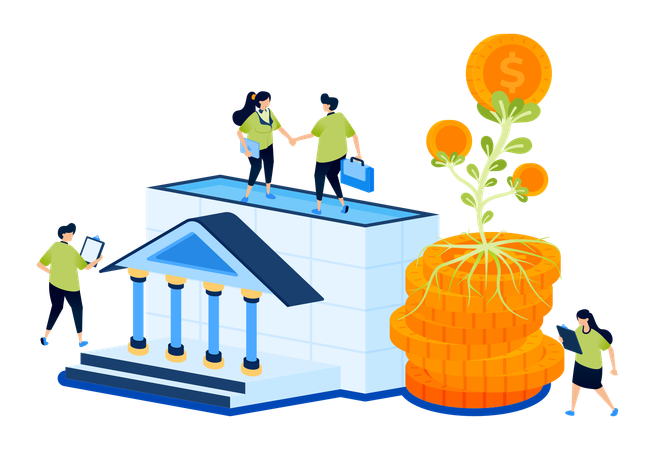 Bâtiment de la banque avec des tas d'argent, des plantes et des fleurs en pleine croissance  Illustration