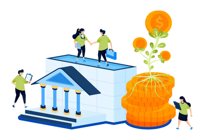 Bâtiment de la banque avec des tas d'argent, des plantes et des fleurs en pleine croissance  Illustration