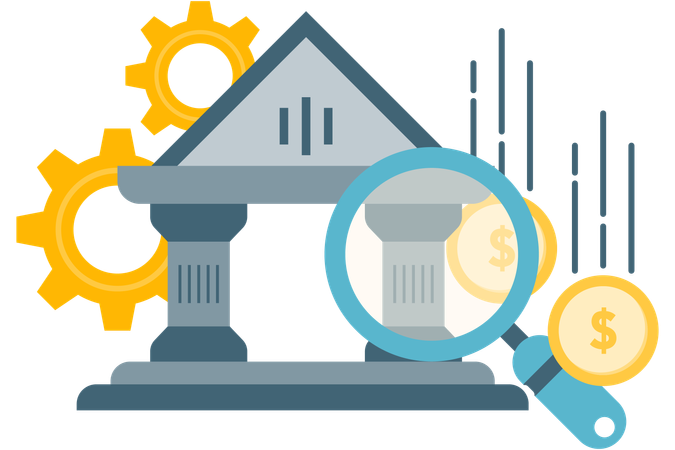 Bâtiment de banque et loupe  Illustration