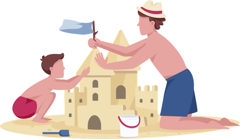 Père et fils construisant un château de sable  Illustration