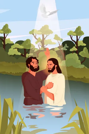 Narrativas Biblicas Sobre O Batismo De Jesus Cristo Joao Batista Com Jesus Parado Na Agua Espirito Santo Como Uma Pomba Descendo Sobre Eles Personagem Da Biblia Crista Ilustracao Vetorial Ilustração