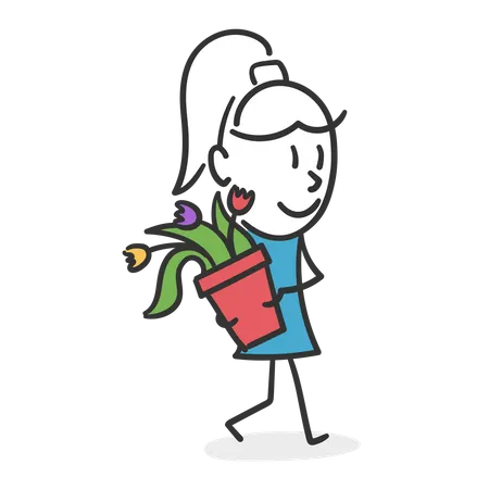Femme bâton avec un pot de fleurs  Illustration