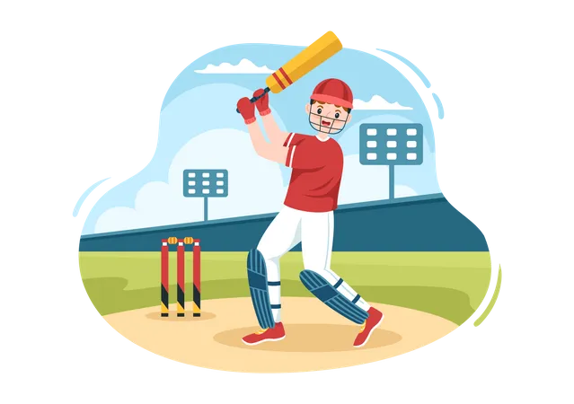 Batsman Playing Cricket Sports With Ball And Stick In Flat Cartoon Field Background Illustration Illustration