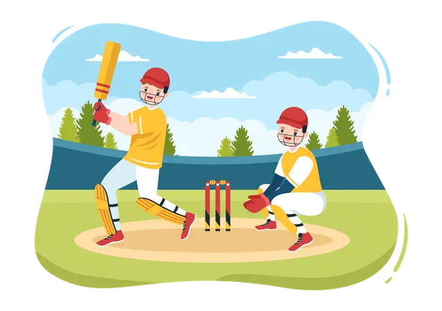 Batsman Playing Cricket Sports With Ball And Stick In Flat Cartoon Field Background Illustration Illustration