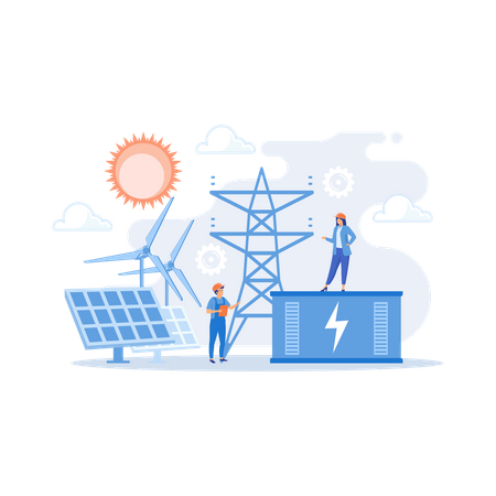 Battery energy storage from renewable solar and wind power station  Illustration