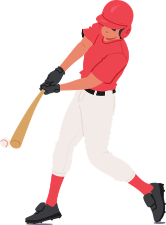 Personnage de joueur de baseball en uniforme rouge et blanc, balançant une batte en bois pour frapper une balle de baseball  Illustration