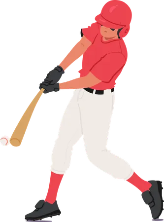 Personnage de joueur de baseball en uniforme rouge et blanc, balançant une batte en bois pour frapper une balle de baseball  Illustration