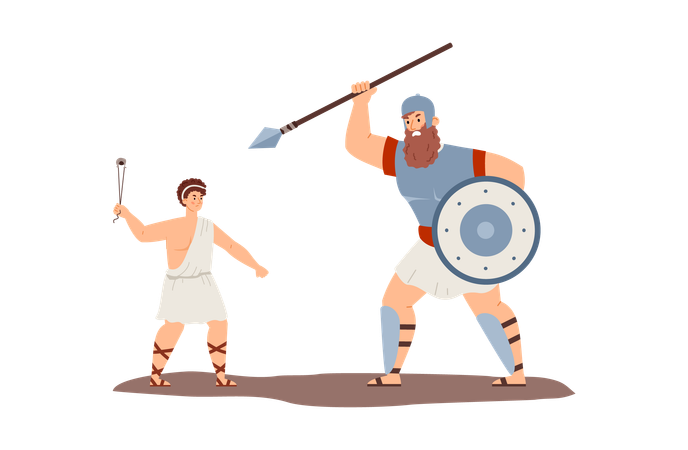 Battle of Biblical David and giant Goliath  Illustration