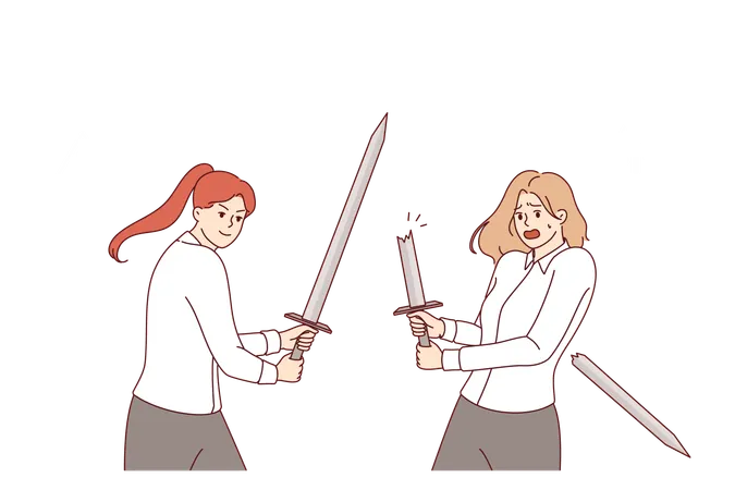 고액 연봉의 관리직 공석을 놓고 칼을 휘두르는 여성 사업가들의 싸움  일러스트레이션