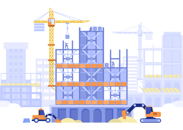 Bauarbeiter arbeiten am Bau eines mehrstöckigen Hauses  Illustration