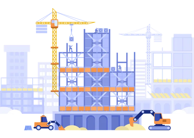 Bauarbeiter arbeiten am Bau eines mehrstöckigen Hauses  Illustration