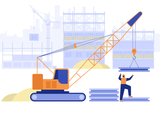 Bauarbeiter arbeitet mit Kran, um Metallplatten anzuheben  Illustration