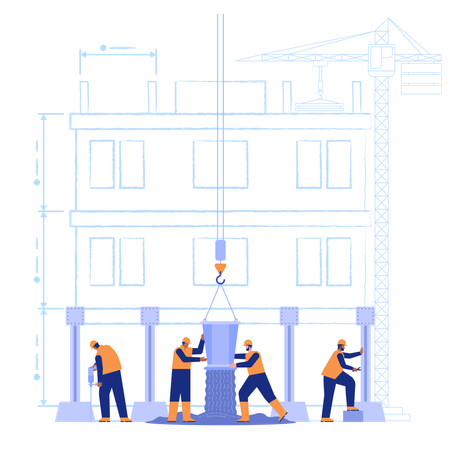 Bauarbeiter gießen Beton und montieren Metallkonstruktionen  Illustration