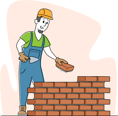 Männlicher Bauarbeiter mit Helm und Uniform, der eine Kelle hält und Beton zum Verlegen einer Ziegelmauer auf einer Baustelle einbringt  Illustration