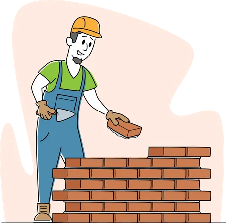 Männlicher Bauarbeiter mit Helm und Uniform, der eine Kelle hält und Beton zum Verlegen einer Ziegelmauer auf einer Baustelle einbringt  Illustration