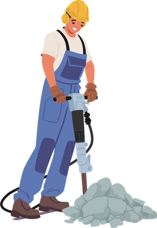 Bauarbeiter trägt einen gelben Schutzhelm und blauen Overalls und bedient Presslufthammer  Illustration