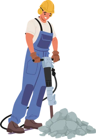 Bauarbeiter trägt einen gelben Schutzhelm und blauen Overalls und bedient Presslufthammer  Illustration