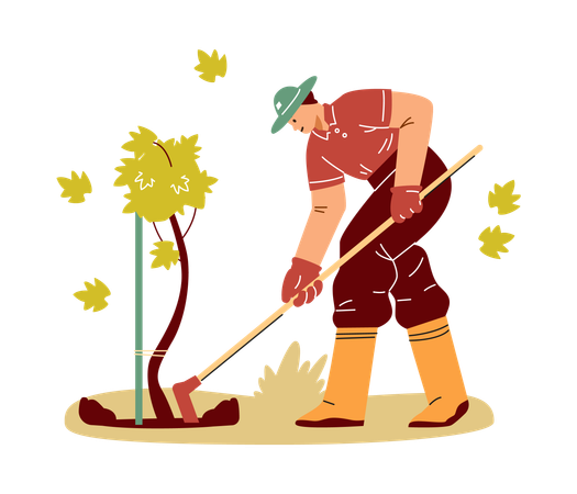 Bauer bei der Gartenarbeit mit Hacke  Illustration