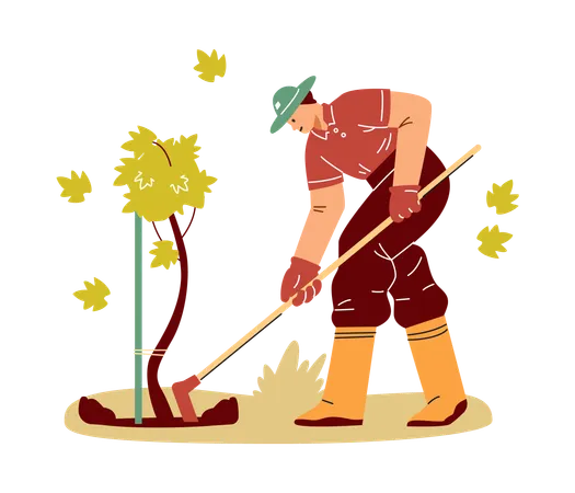Bauer bei der Gartenarbeit mit Hacke  Illustration