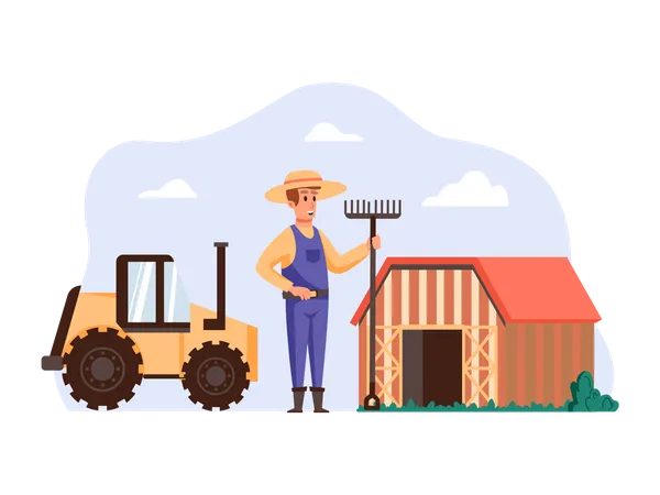 Bauer mit Spaten und Gabel auf seinem Bauernhof  Illustration