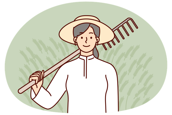 Bäuerin hält Rechen auf der Schulter, nachdem sie die Bodenvorbereitung für den Anbau von Feldfrüchten abgeschlossen hat  Illustration