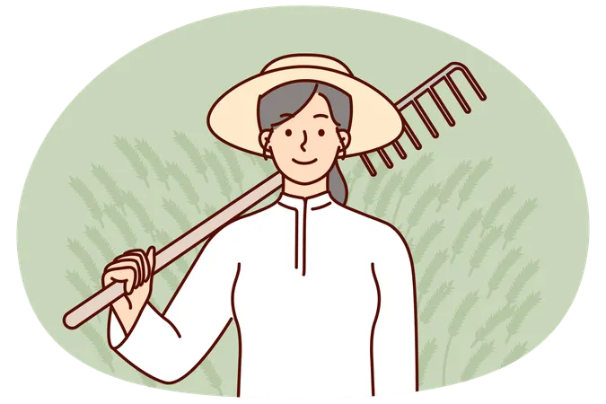 Bäuerin hält Rechen auf der Schulter, nachdem sie die Bodenvorbereitung für den Anbau von Feldfrüchten abgeschlossen hat  Illustration