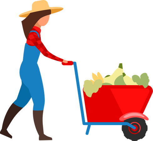 Bäuerin transportiert Gemüse in Schubkarre  Illustration