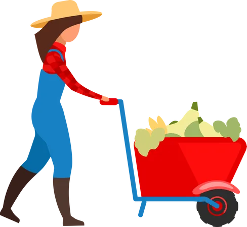 Bäuerin transportiert Gemüse in Schubkarre  Illustration