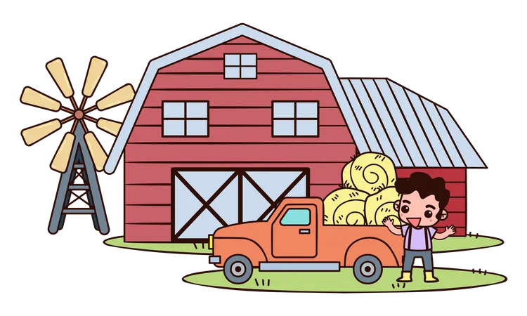 Bauernjunge steht auf dem Bauernhof  Illustration