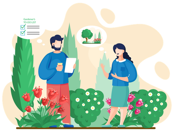 Bauernpaar erstellt Inventarliste für den Garten  Illustration