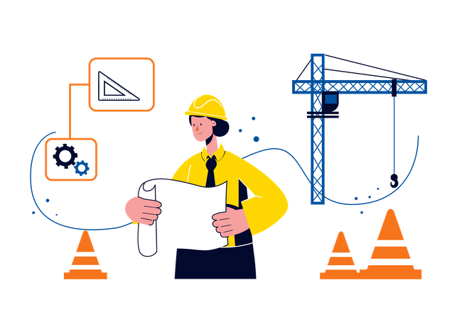 Bauingenieur hält Projektplan in der Hand und arbeitet daran  Illustration