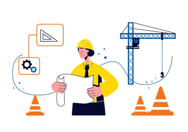 Bauingenieur hält Projektplan in der Hand und arbeitet daran  Illustration