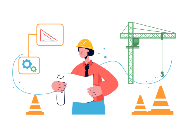 Bauingenieur hält Projektplan in der Hand und arbeitet daran  Illustration