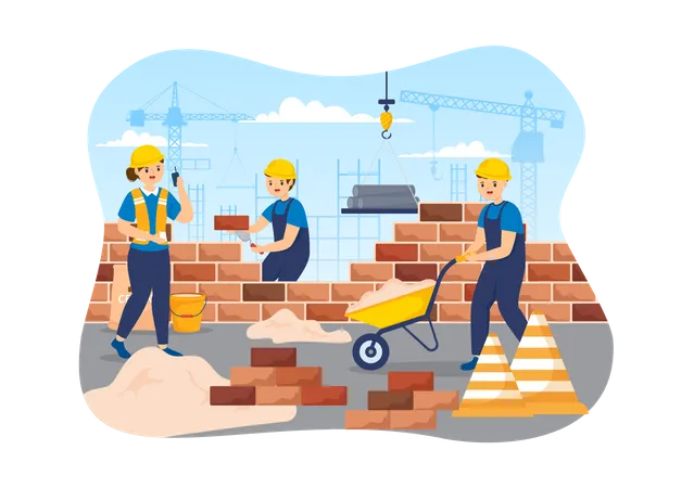 Baustelle Arbeit Gebäude Ziegel Wand  Illustration