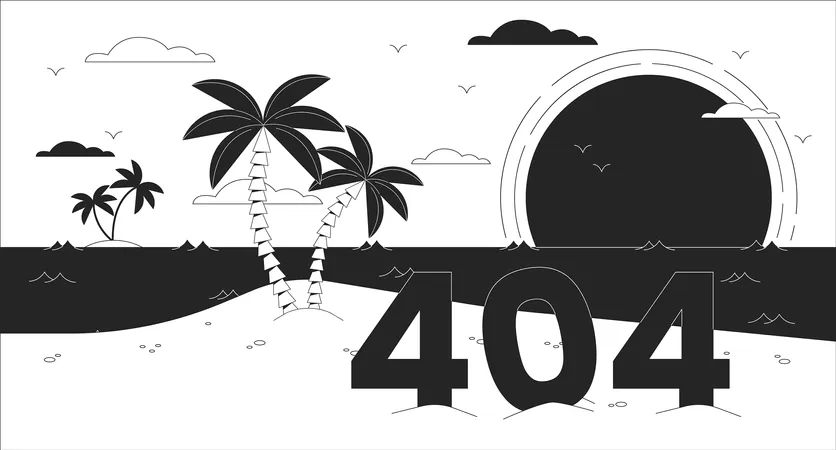 Bay Paradise Black White Error 404 Flash Message Palm Trees On Island Monochrome Website Landing Page Ui Design Not Found Cartoon Image Dreamy Vibes Vector Flat Outline Illustration Concept Illustration