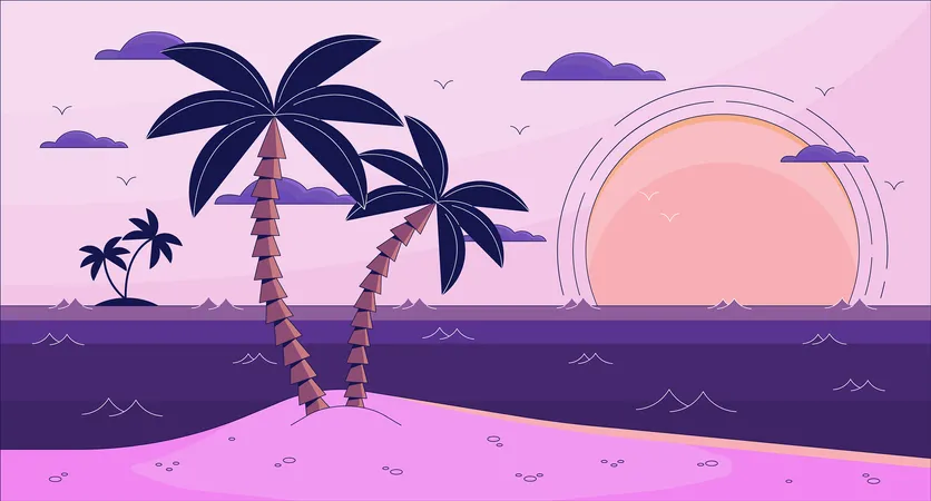 Bay Lo Fi Aesthetic Wallpaper Sunset Near Ocean Small Island Beach With Palm Tree And Sand 2 D Vector Cartoon Landscape Illustration Purple Lofi Background 90 S Retro Album Art Chill Vibes Illustration