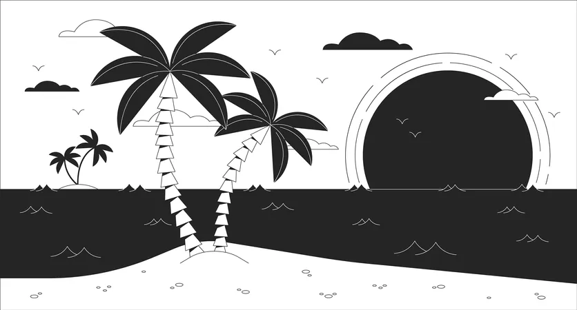 Bay Black And White Lo Fi Aesthetic Wallpaper Sunset Ocean Beach With Palm Tree Outline 2 D Vector Cartoon Landscape Illustration Monochrome Lofi Background Bw 90 S Retro Album Art Chill Vibes Illustration