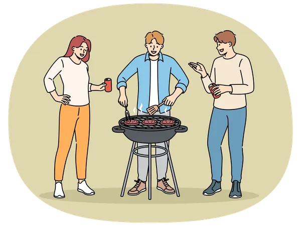 BBQ party with cheerful friends drinking beer and grilling meat on grill in park or in backyard  Illustration