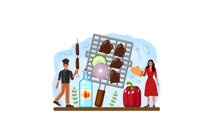 BBQ steak and Grilled meat with vegetables  Illustration
