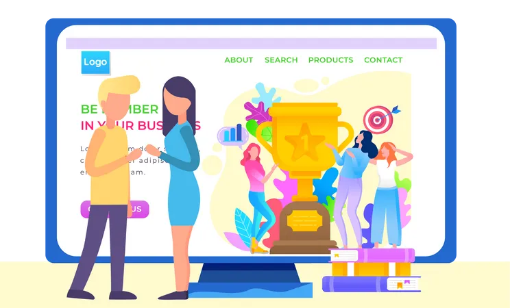 Be Number One In Your Business Girls Showing Trophy Got For Winning First Place Trophy Or Award With Foliage And Target With Arrow Prize For Progress Website Or Webpage Template Successful Startup Illustration