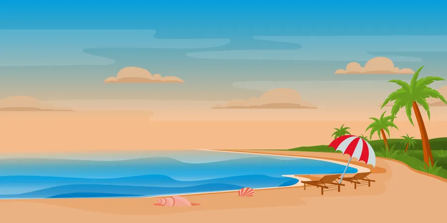 A Beach Background Having Trees And Umbrella Illustration