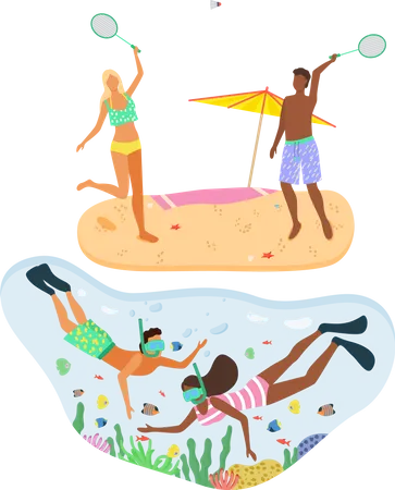 Couple Wearing Swimming Suits And Playing Badminton On Summer Beach Man And Woman In Swimming Goggles Snorkeling In Turquoise Water Beach And Recreation Vector Flat Cartoon Summertime Activity Illustration