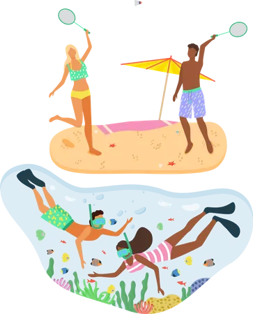 Beach Badminton and Snorkeling at Beach  Illustration