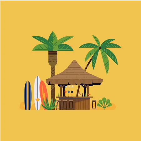 Beach bar and surfing boats  Illustration