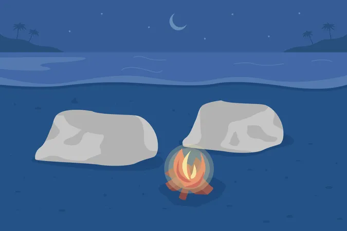 Beach Bonfire Flat Color Vector Illustration Summer Moments Rocks And Campfire Stress Relieving Place Outdoor Summer Night 2 D Cartoon Landscape With Moonlight And Ocean Waves On Background Illustration