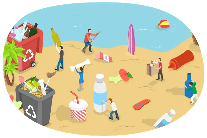 3 D Isometric Flat Vector Conceptual Illustration Of Beach Cleaning Garbage Collecting Environmental Volunteering Illustration